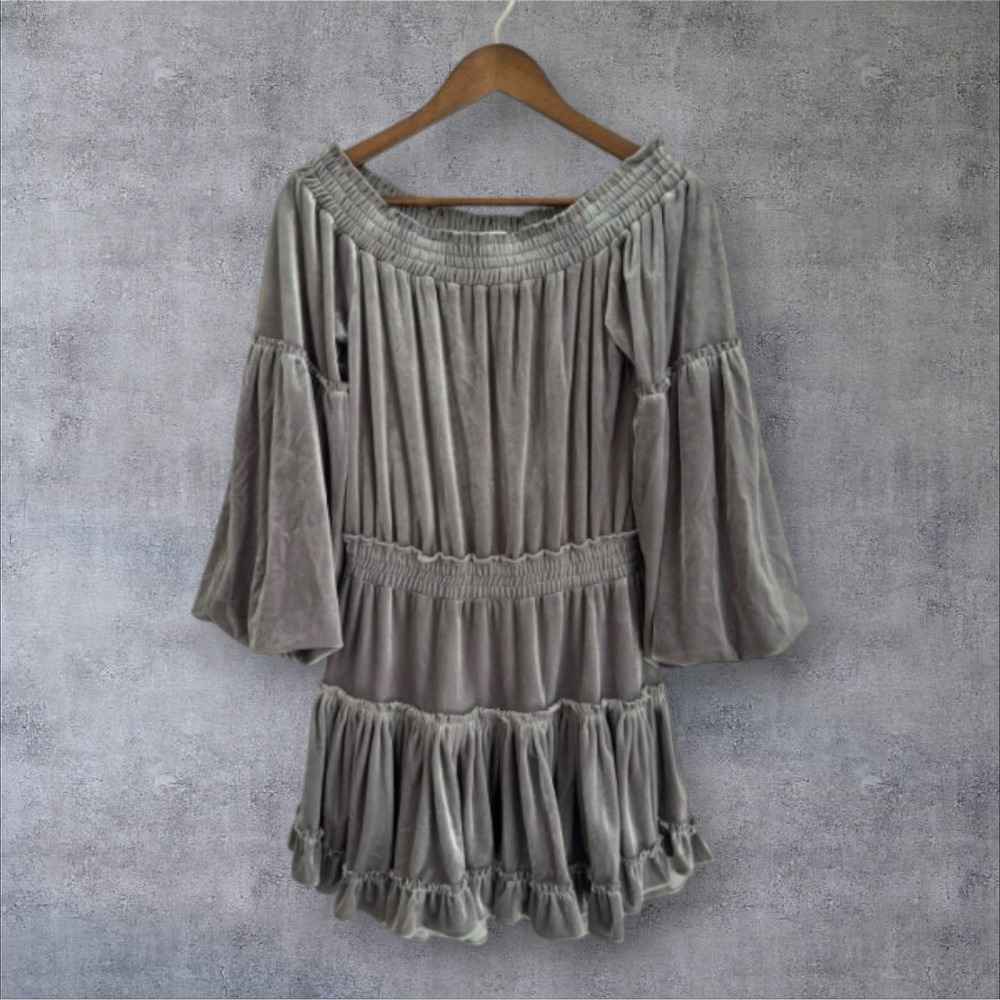 MISA Los Angeles Velvet Mini Dress Womens Small Grey Off Shoulder Ruffle Boho